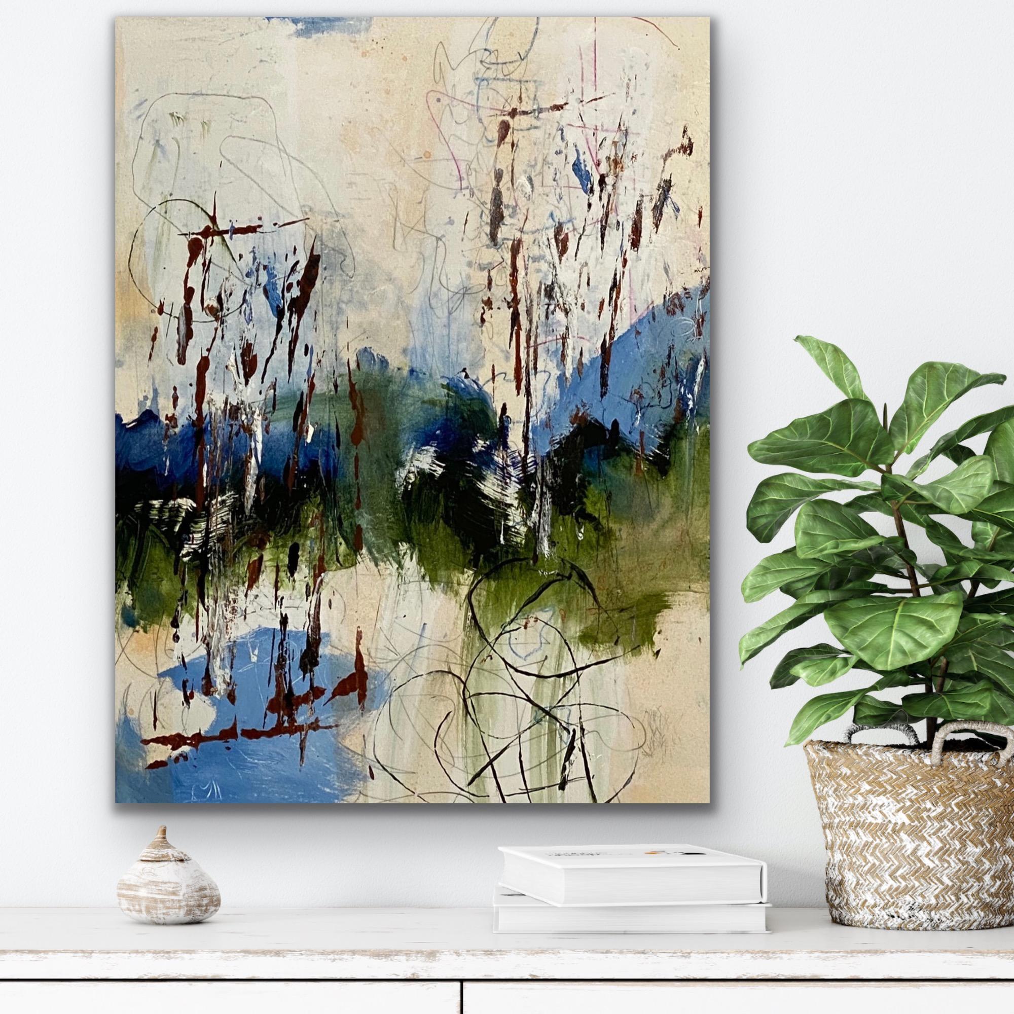 Verano en Blue Ridge, Impresionismo contemporáneo, azul, blanco, verde, sobre papel en venta 7