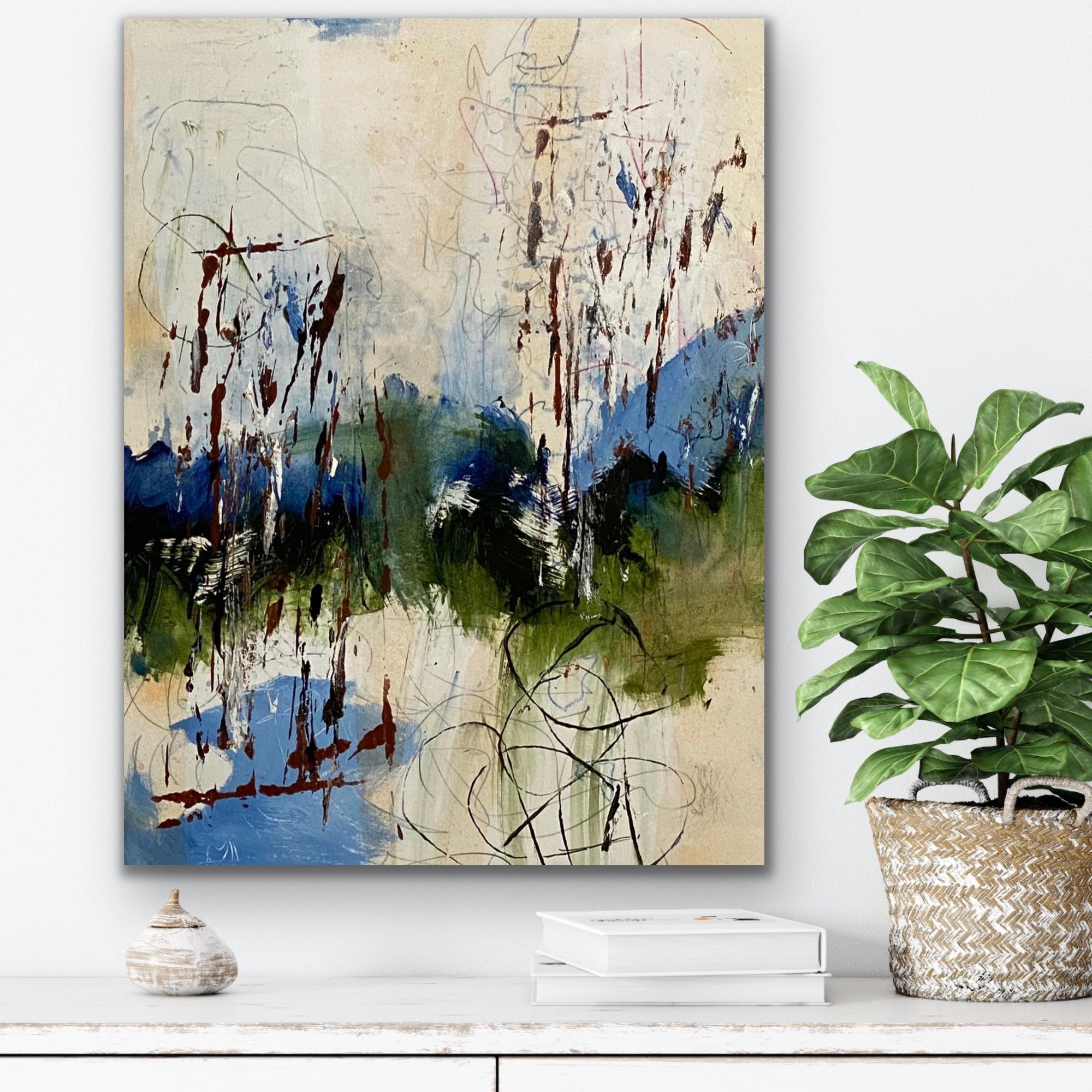 Summer Blue Ridge, impressionnisme contemporain, bleu, blanc, vert, sur papier en vente 7