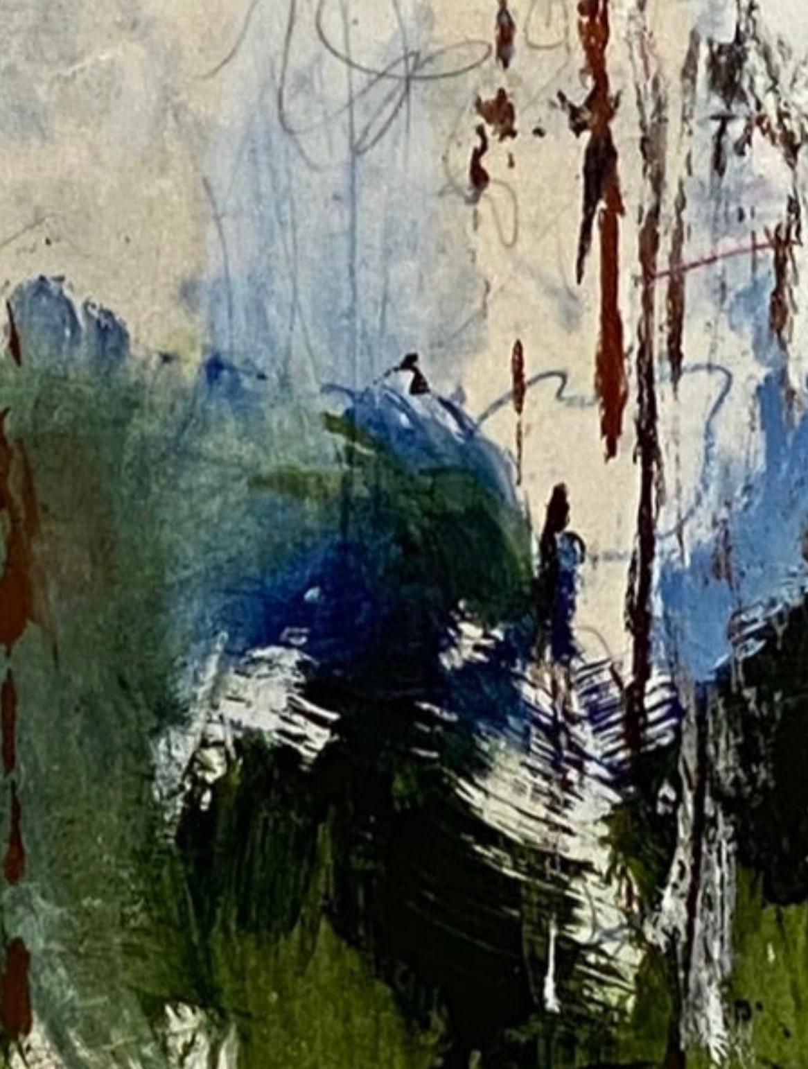 Summer Blue Ridge, impressionnisme contemporain, bleu, blanc, vert, sur papier en vente 1