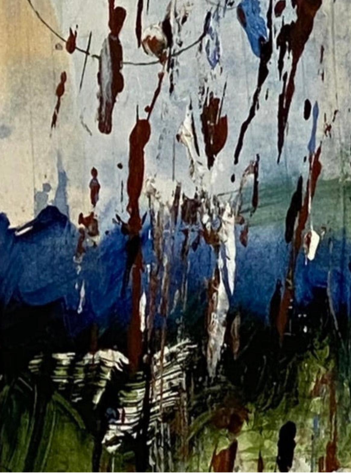 Summer Blue Ridge, impressionnisme contemporain, bleu, blanc, vert, sur papier en vente 2