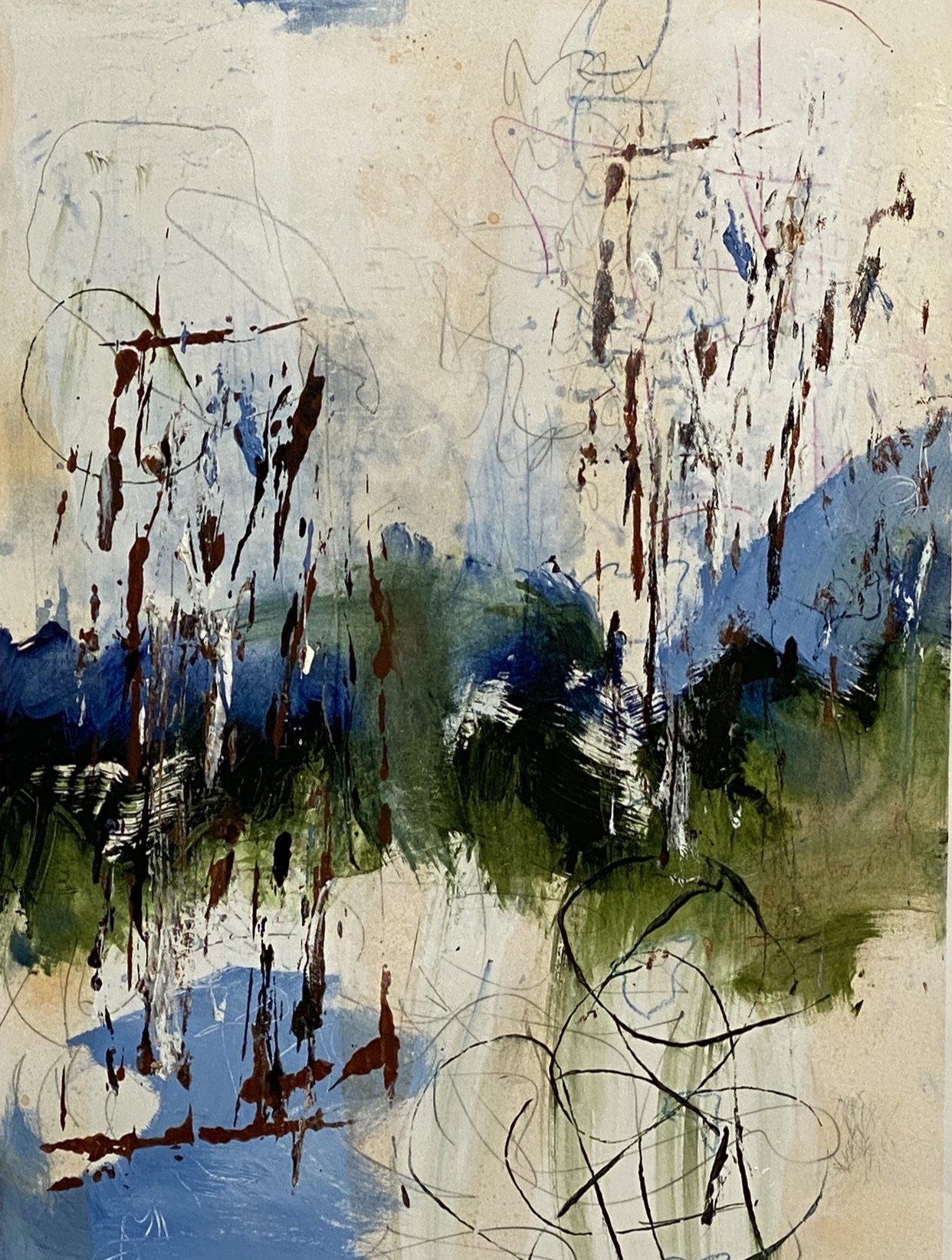 Juanita Bellavance  Landscape Painting - Blue Ridge summer, Contemporary impressionism, blue, white, green, on paper