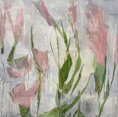 Botanical Interval, original botanical painting, pink, green, Abstract