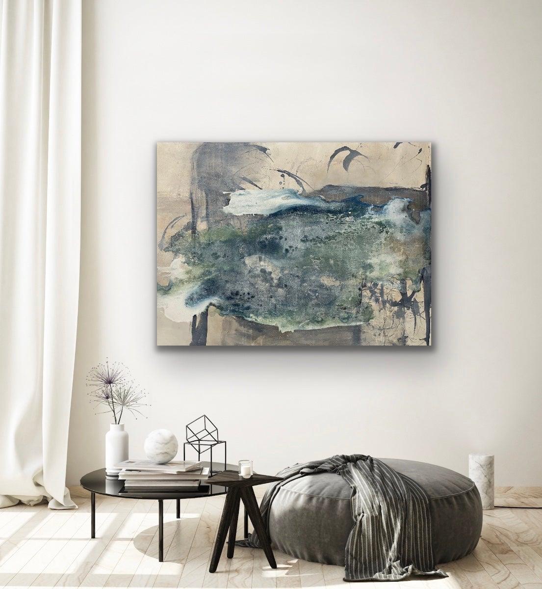 By the side of the lake, blue, neutral, contemporary, Asian flare For Sale 1