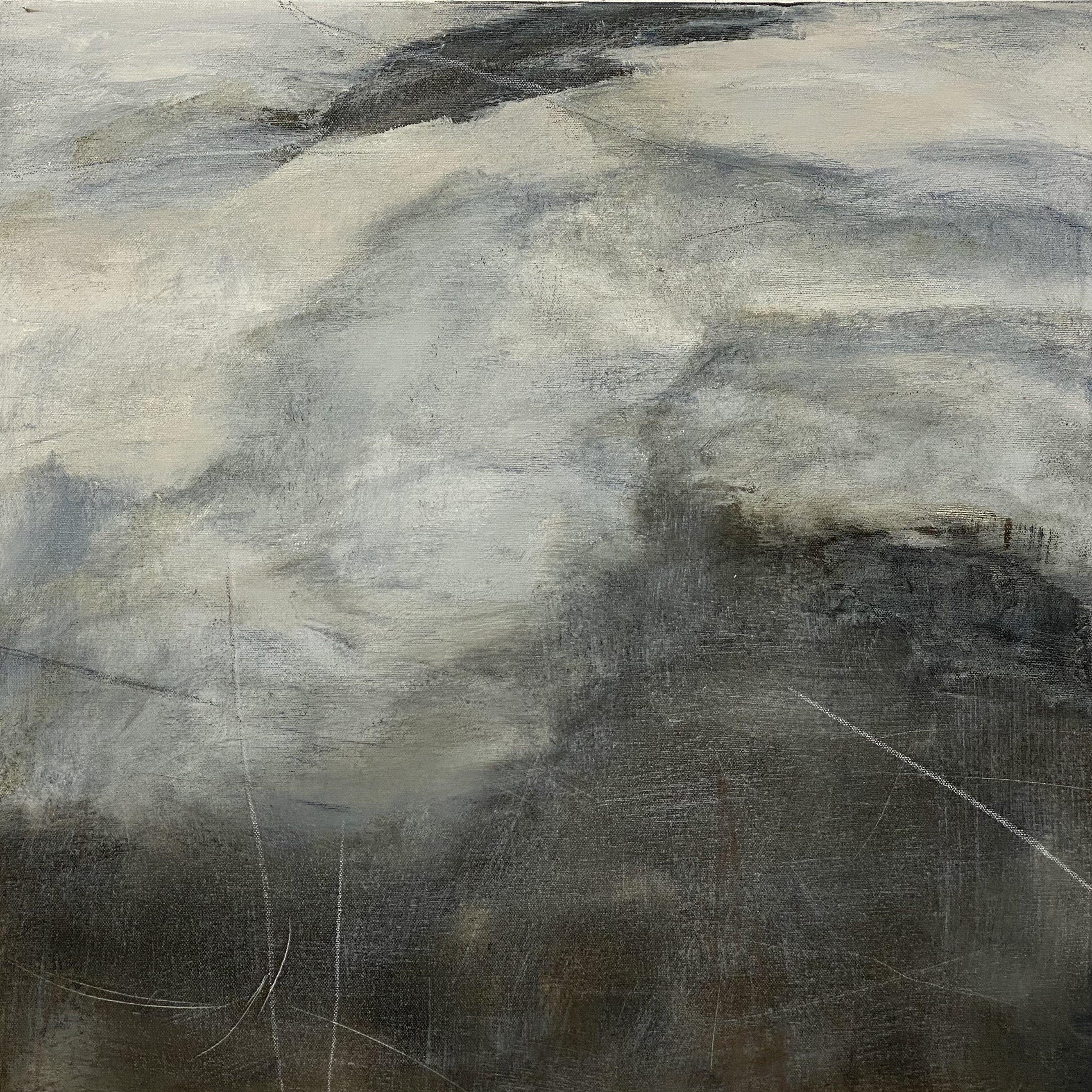 Changing terrain, neutral, white contemporary landscape painting - Painting by Juanita Bellavance 