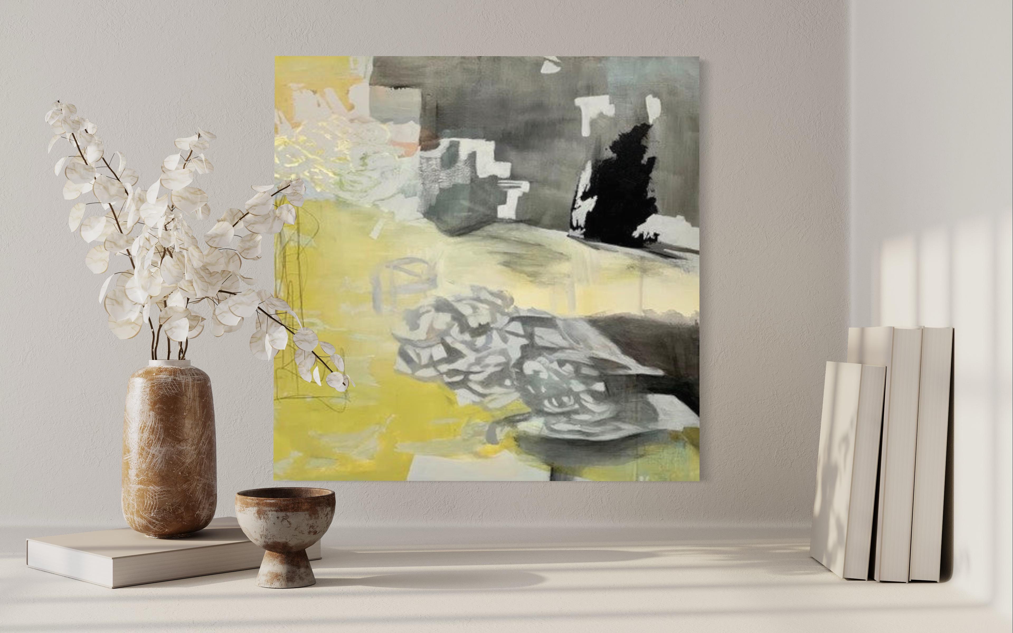 Chasing Time, jaune, gris, neige, éclairé par la lune - Painting de Juanita Bellavance 