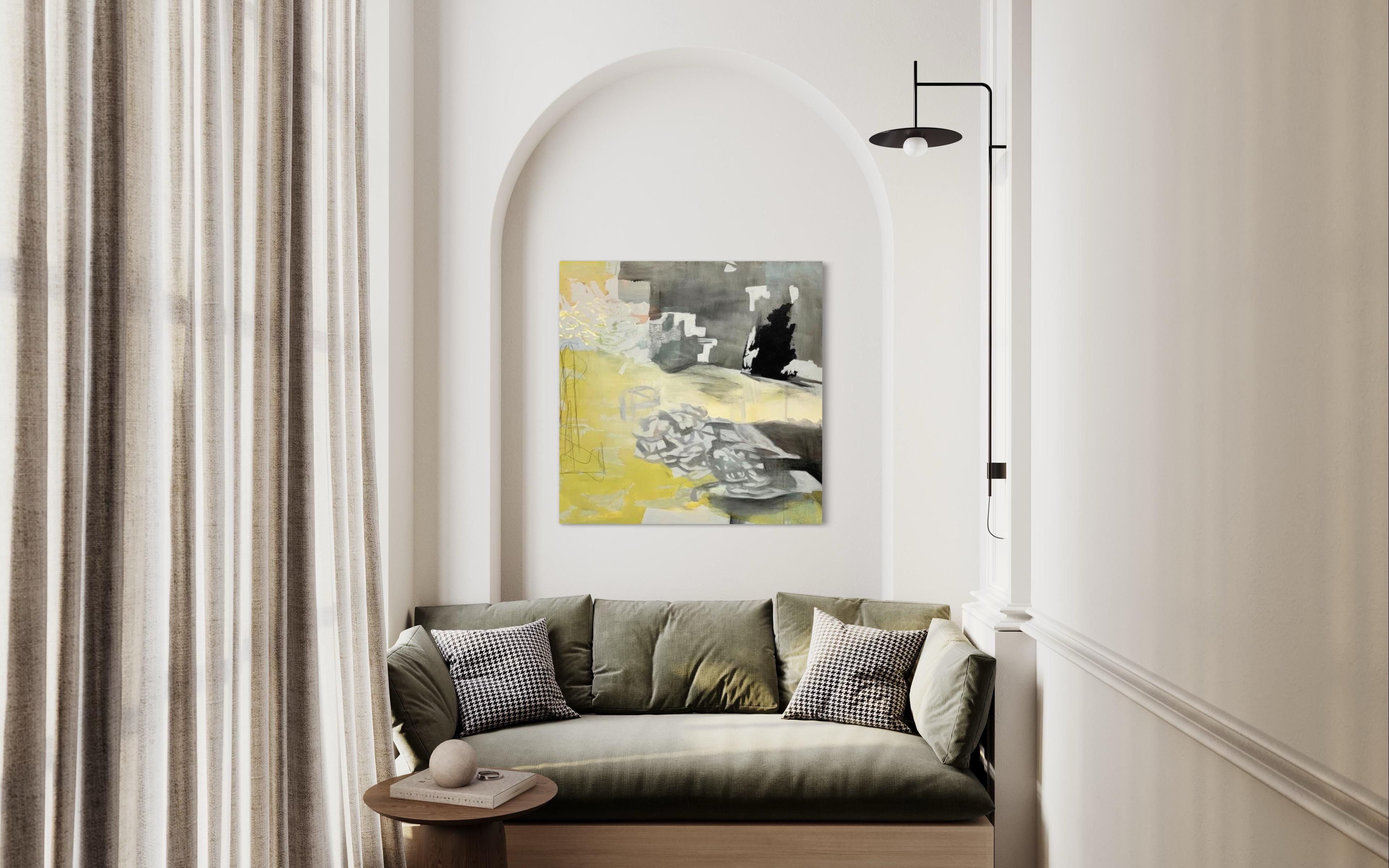 Chasing Time, jaune, gris, neige, éclairé par la lune - Impressionnisme abstrait Painting par Juanita Bellavance 