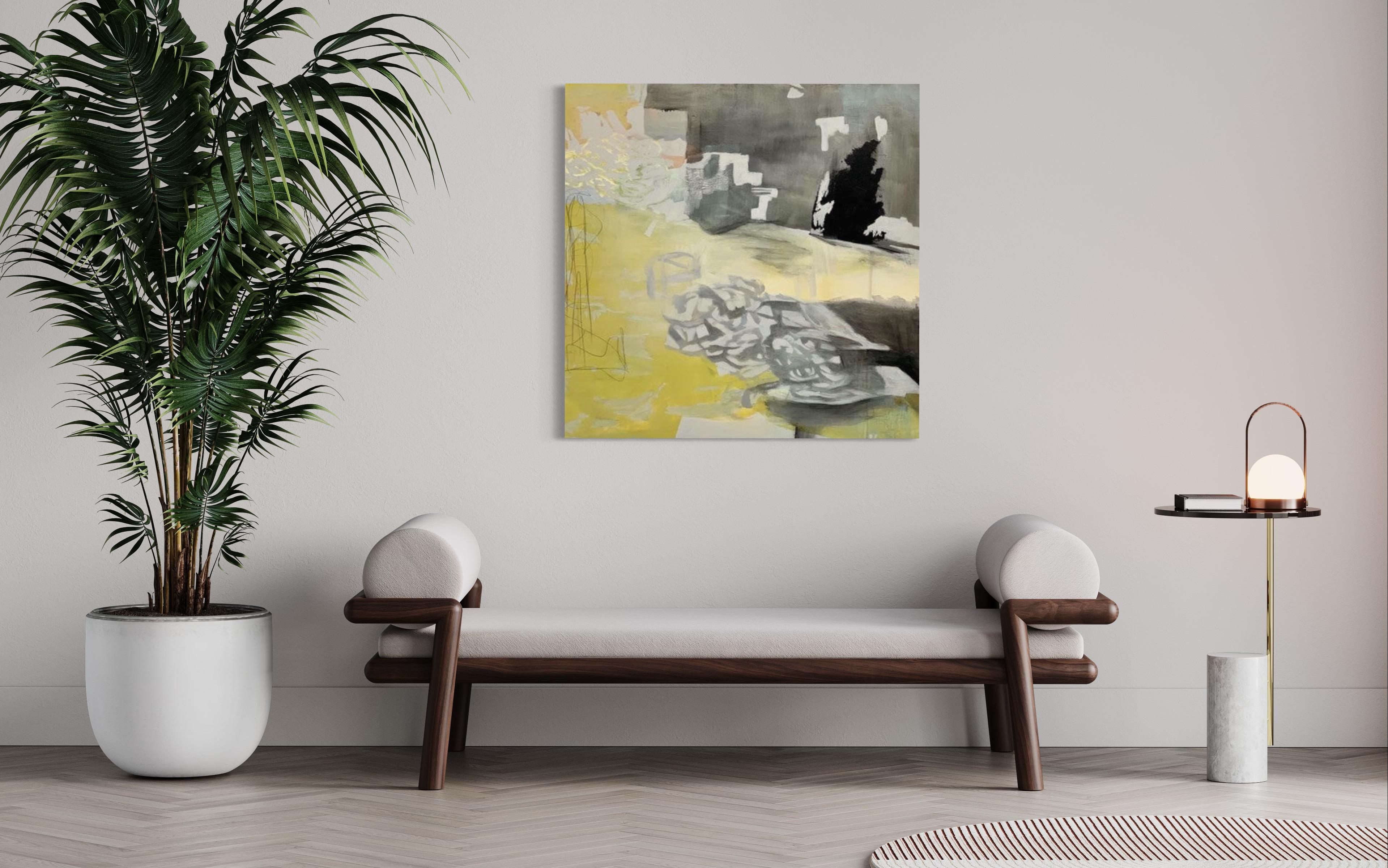 Chasing Time, jaune, gris, neige, éclairé par la lune - Marron Abstract Painting par Juanita Bellavance 