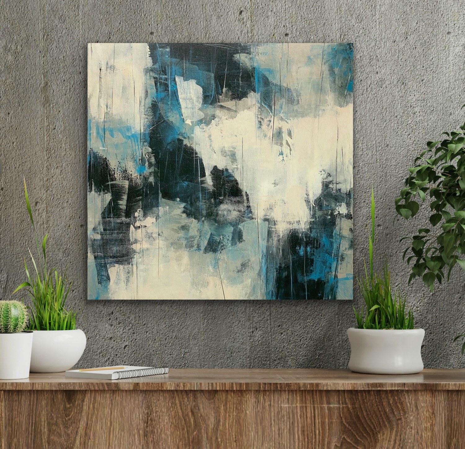 Cutting Edge, blau, schwarz, weiß, grau, abstrakter Expressionismus (Abstrakter Impressionismus), Painting, von Juanita Bellavance 