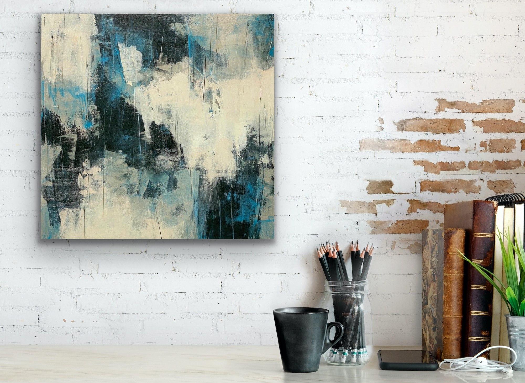 Cutting Edge, blau, schwarz, weiß, grau, abstrakter Expressionismus (Grau), Abstract Painting, von Juanita Bellavance 