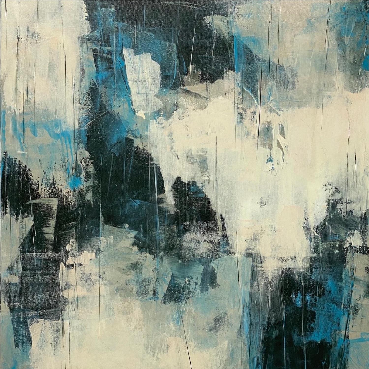 Juanita Bellavance  Abstract Painting – Cutting Edge, blau, schwarz, weiß, grau, abstrakter Expressionismus