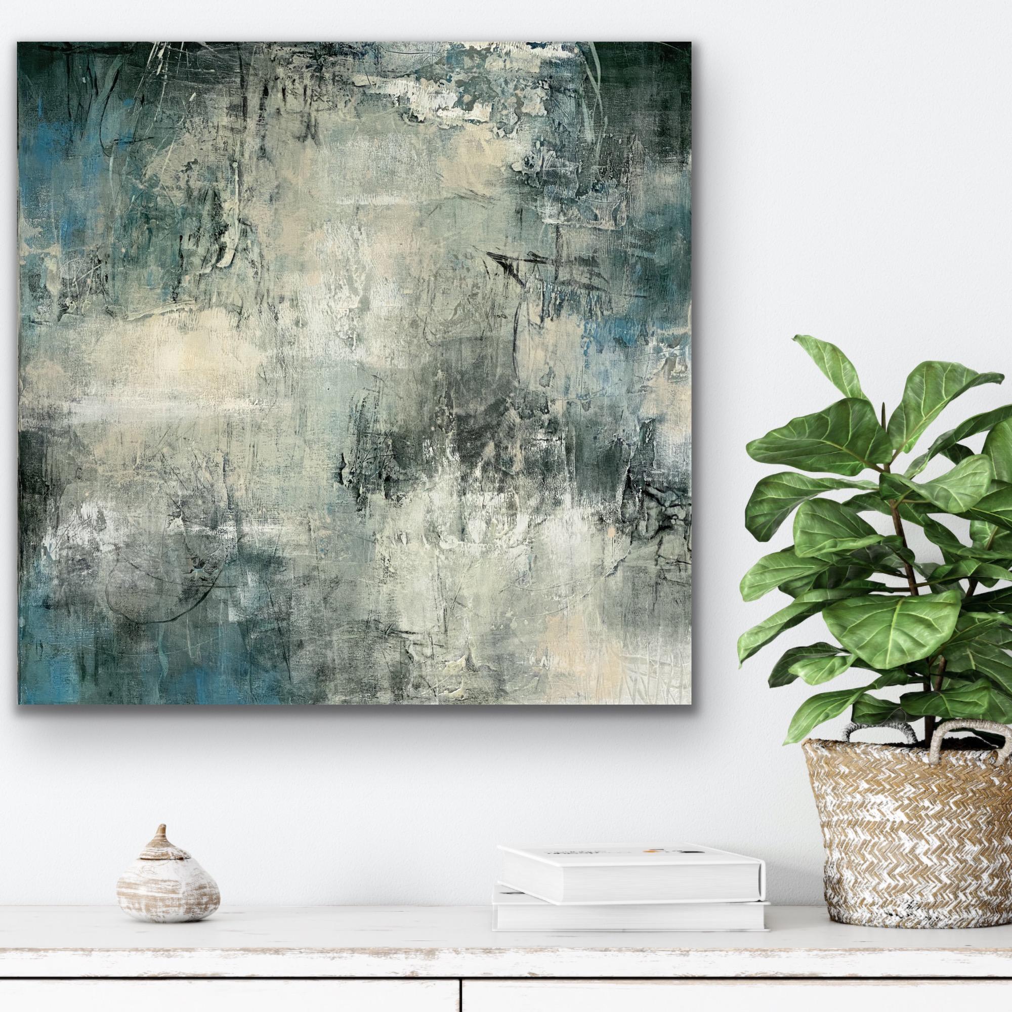 Depth and duration,  Abstract expressionism, blue, 2020, Acrylic on canvas - Gray Landscape Painting by Juanita Bellavance 