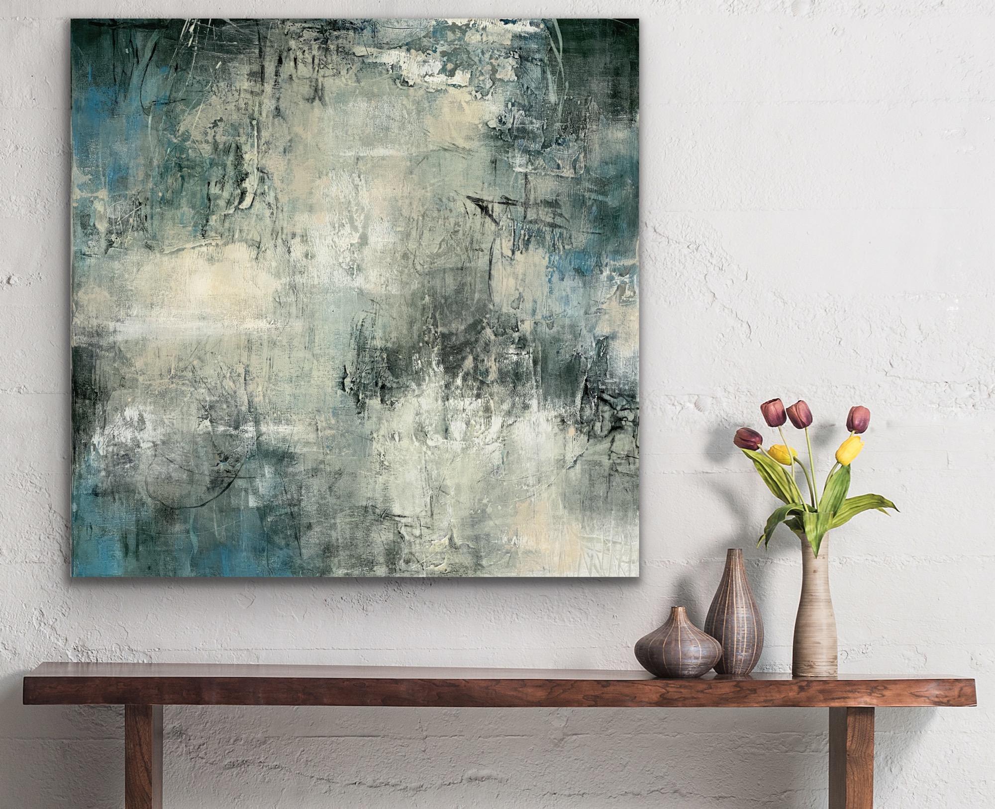 There is a feeling of depth almost like underwater with white splashes above.  The texture gives a feeling of timeless and duration.  This painting has a lush quality with its texture and many layers of paint in varying degrees of shading.  There is