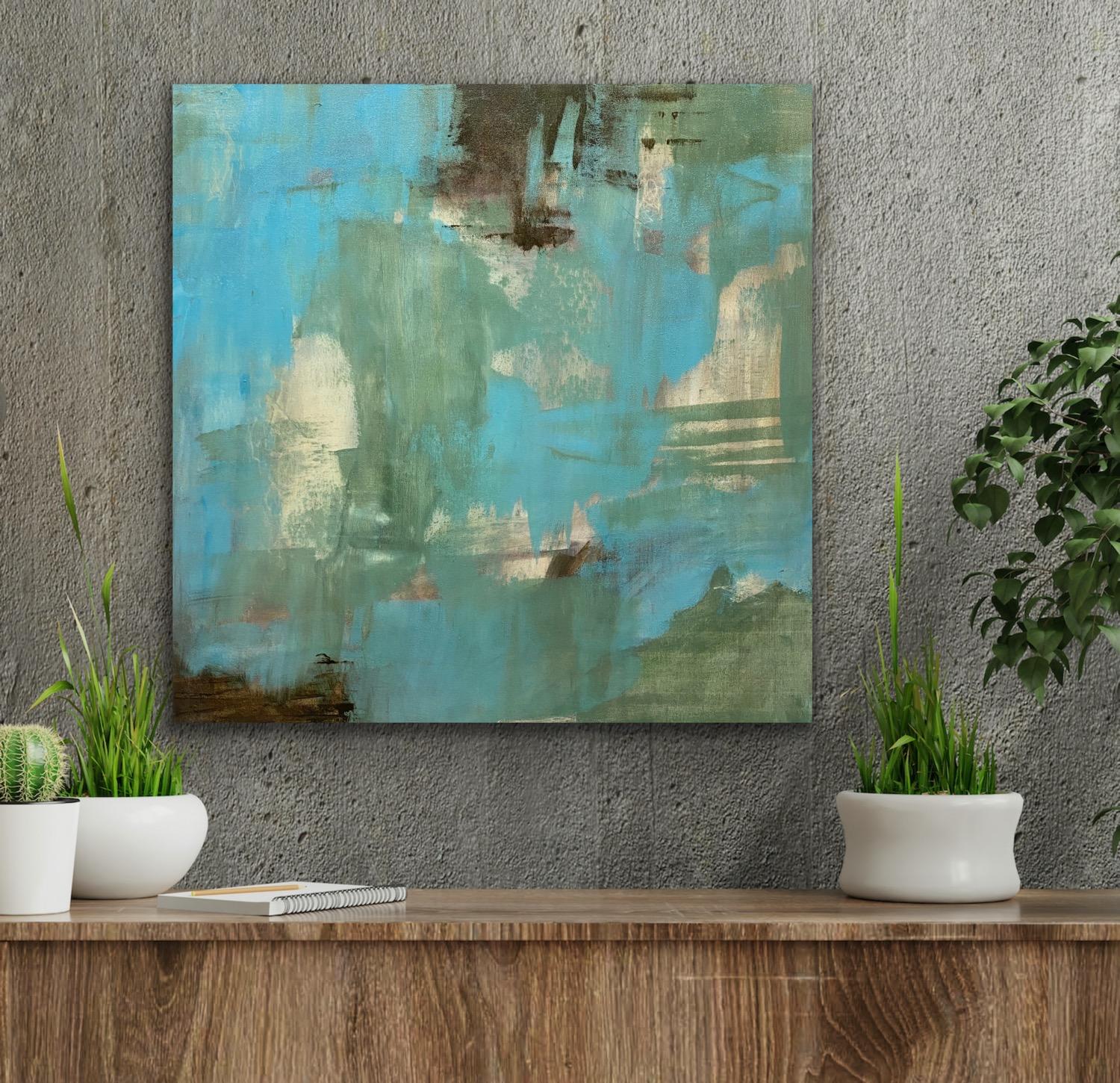 Down home, Contemporary abstract, teal, green, brown, white - Painting by Juanita Bellavance 