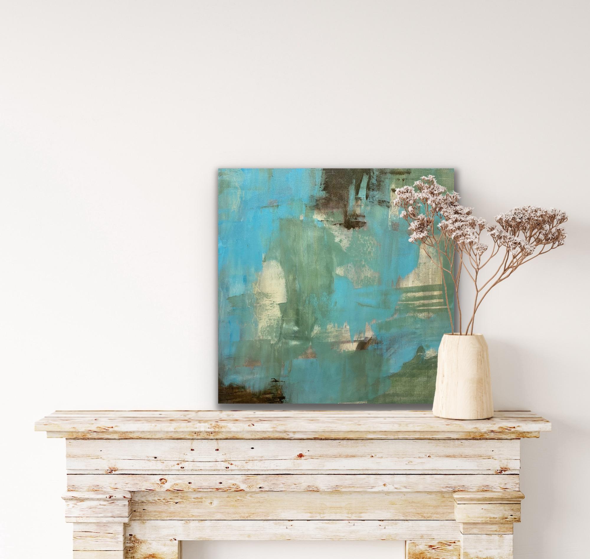 Down home, Contemporary abstract, teal, green, brown, white - Abstract Impressionist Painting by Juanita Bellavance 