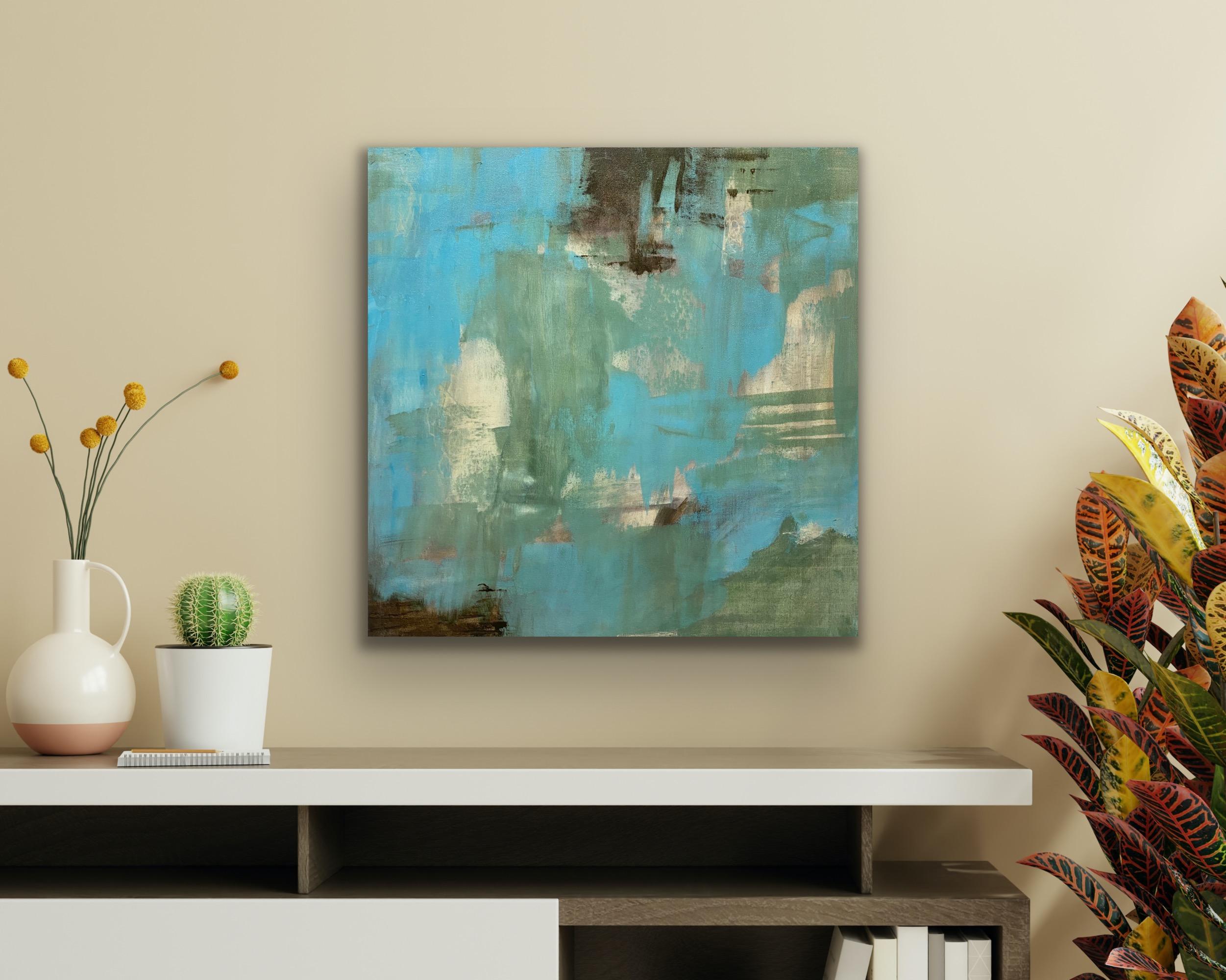 Down home, Contemporary abstract, teal, green, brown, white - Gray Abstract Painting by Juanita Bellavance 