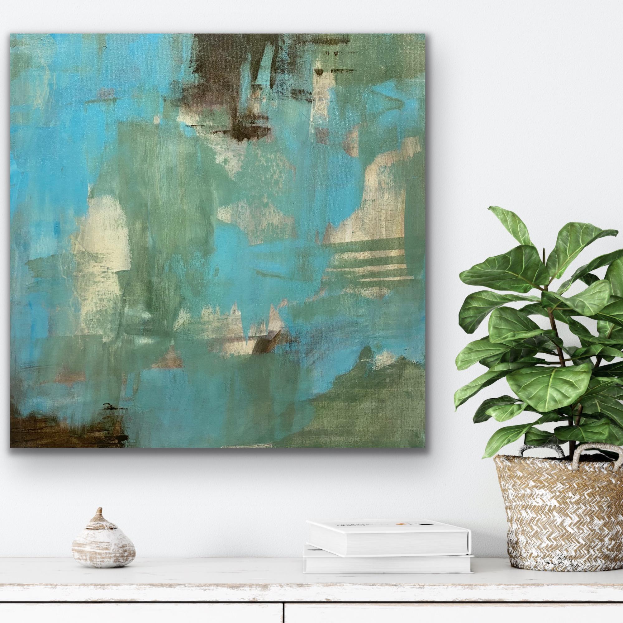 This contemporary abstract painting has a structure that is reminiscent of fencing, trees, barns and blue skies.  It creates a remarkable sense of home and comfort.