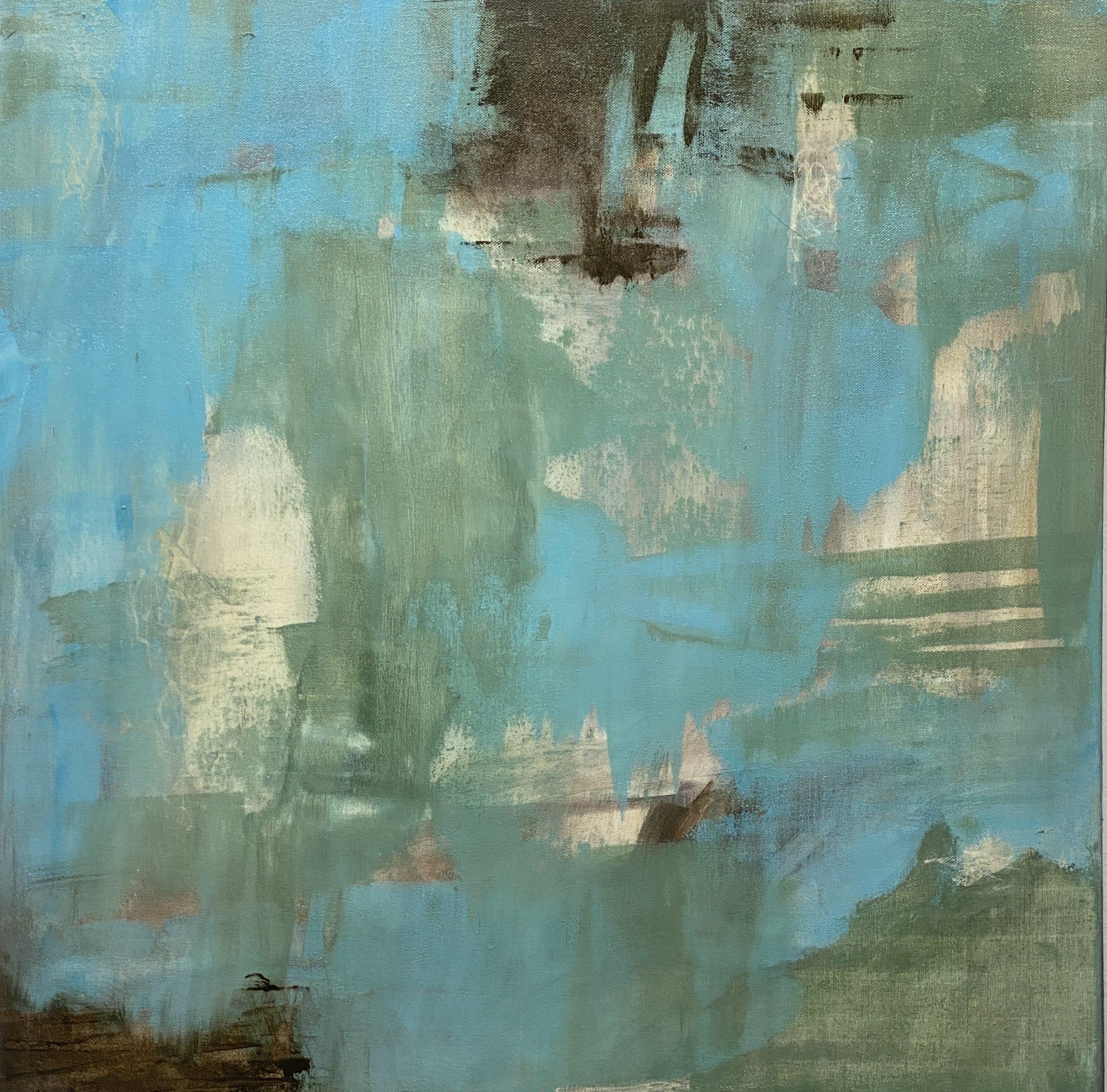 Juanita Bellavance  Abstract Painting – Zeitgenössisches abstraktes Haus, Teal, Grün, Braun, Weiß