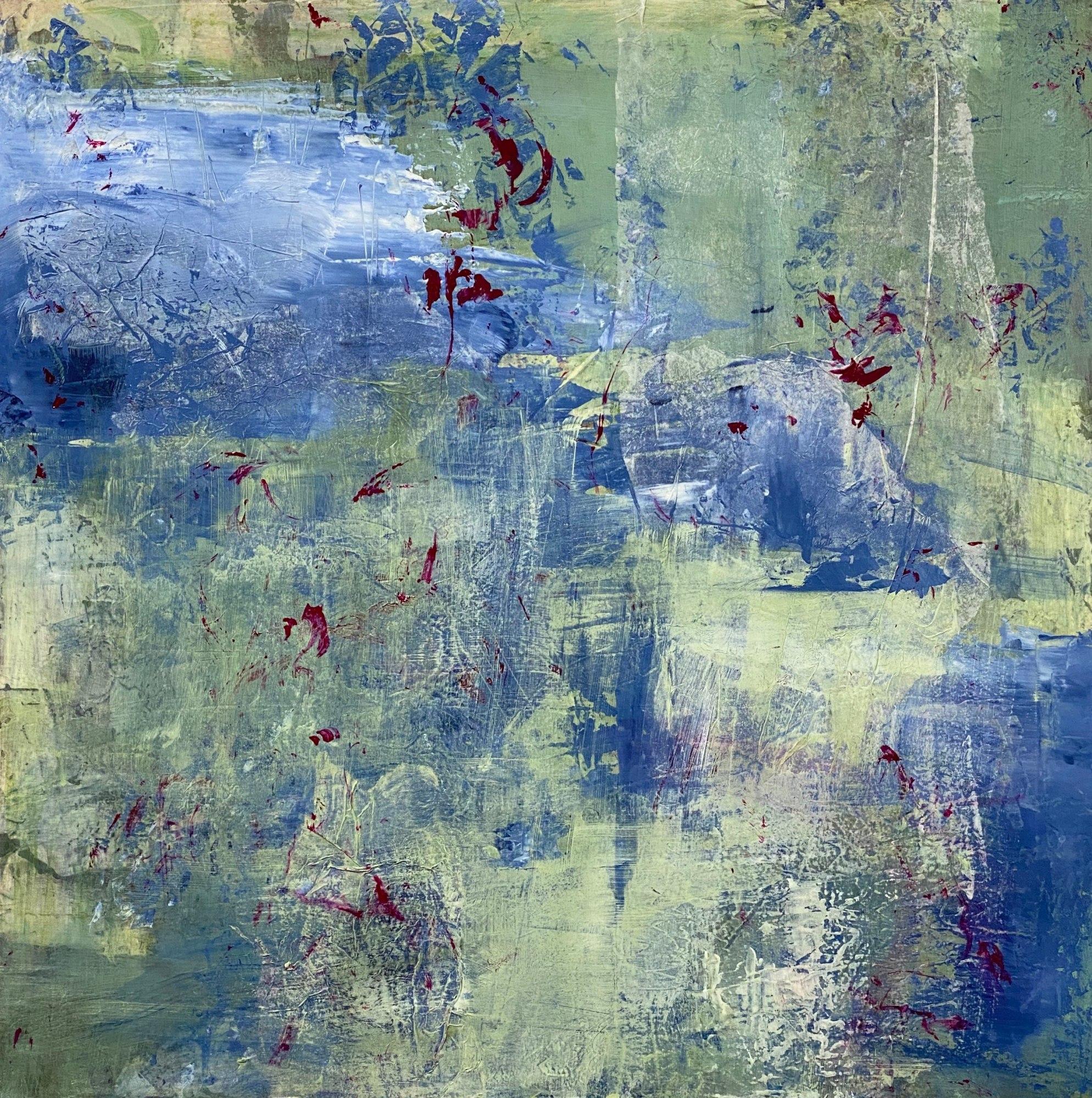 Abstract Painting Juanita Bellavance  - Enter the Woodland, bleu, vert, expressionnisme abstrait inspiré de la nature