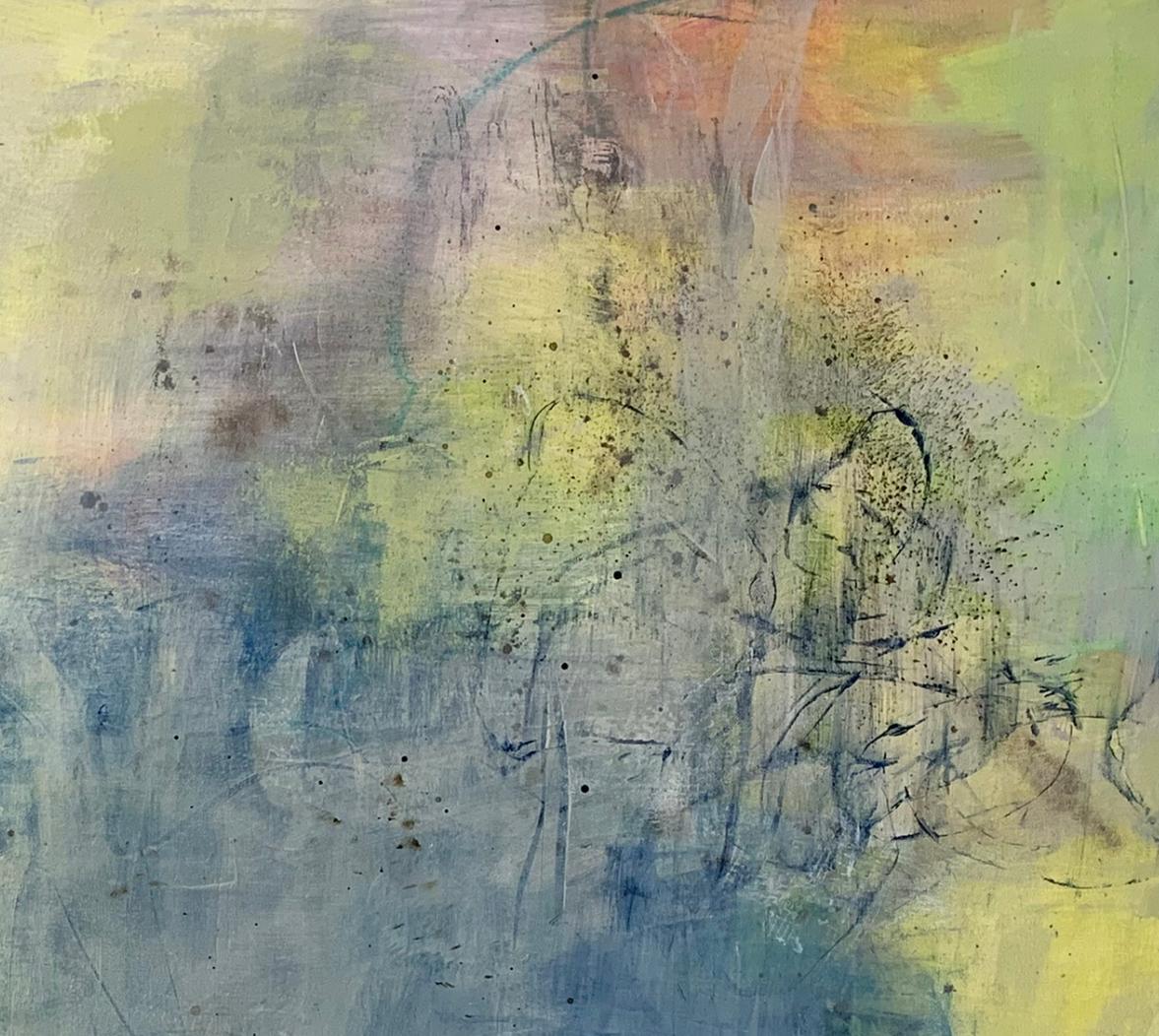 Ever present 2, Contemporary, abstract, yellow, blue, coral - Abstract Impressionist Painting by Juanita Bellavance 