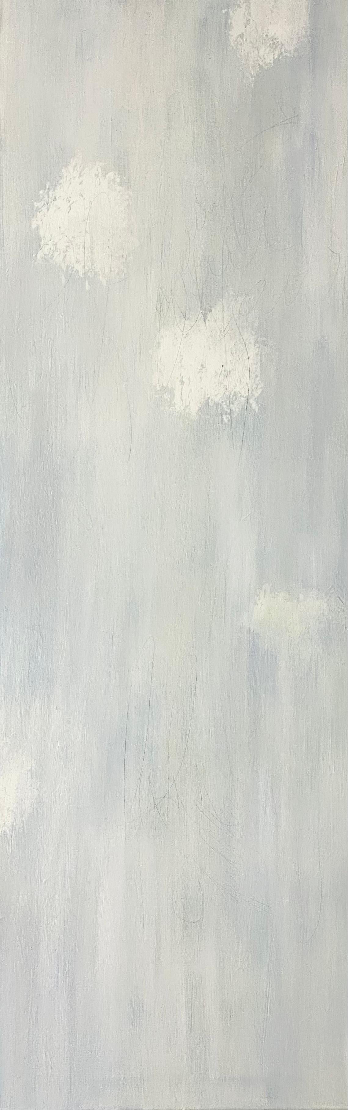 Pour simplicitys sake, contemporain, classique, Triptyque, blanc sur blanc, 3 panneaux - Gris Interior Painting par Juanita Bellavance 