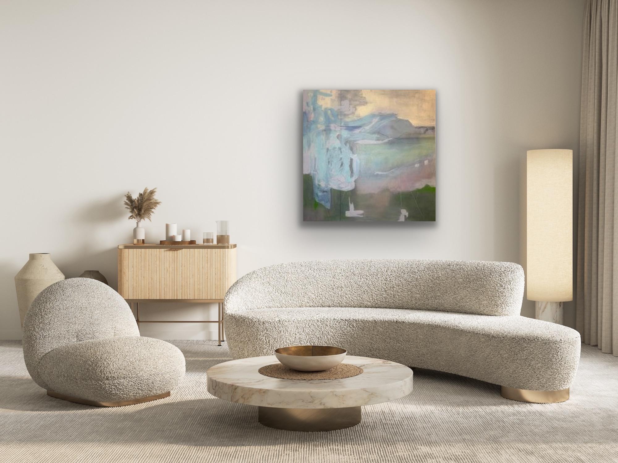 Glow 2, paesaggio fantastico, rosa, blu, luminoso, tramonto, cascata - Painting di Juanita Bellavance 