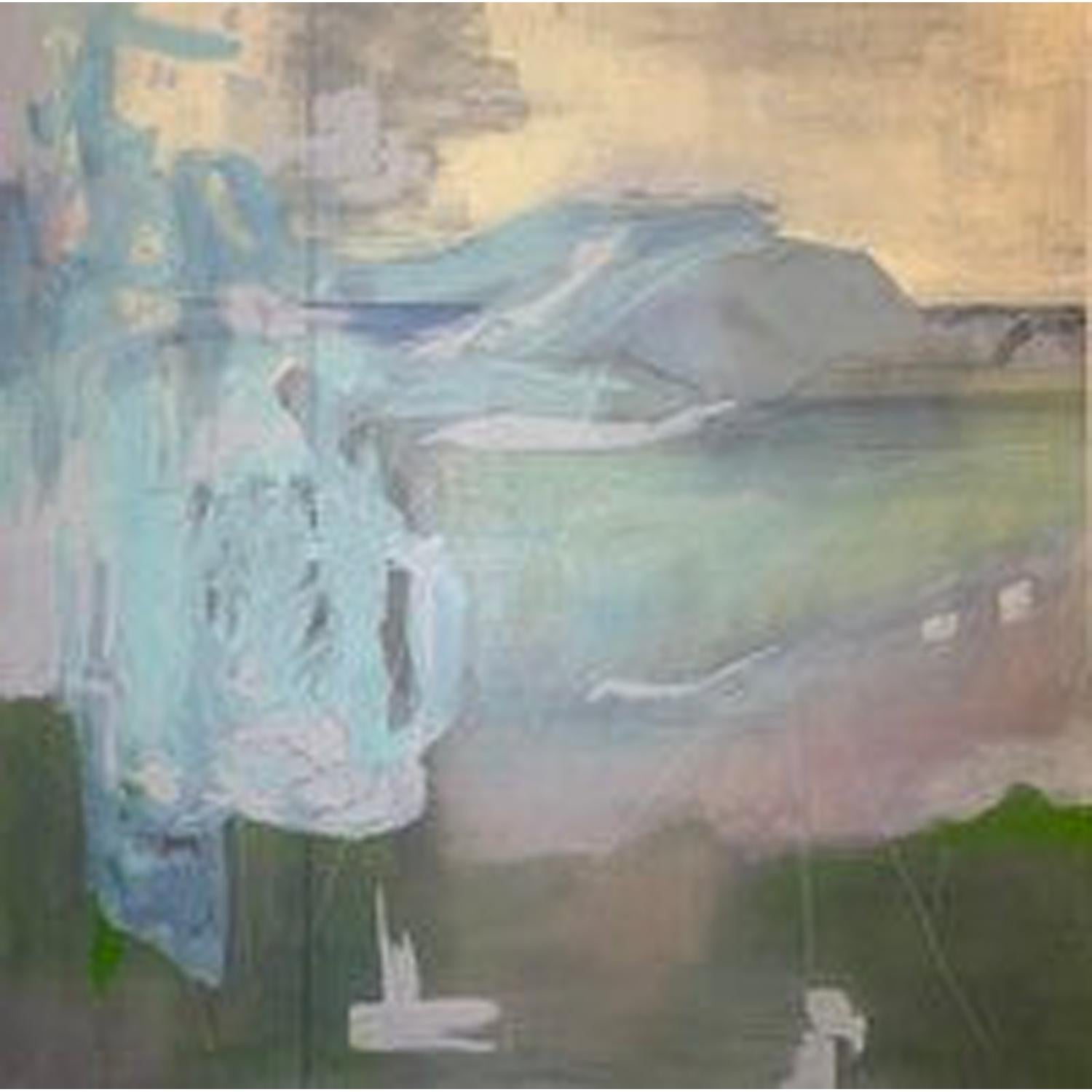 Juanita Bellavance  Abstract Painting - Glow 2, fantasy landscape, pink, blue, luminous, sunset, waterfall