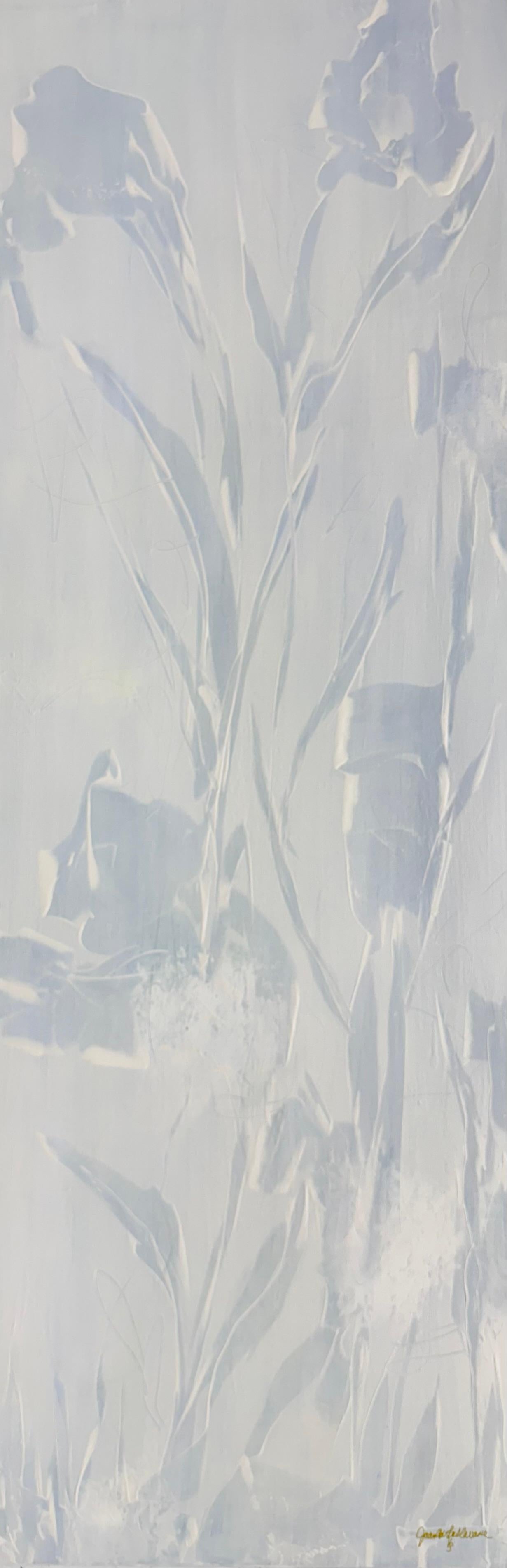 Juanita Bellavance  Abstract Painting - Held by Morning 1, Original abstract botanical, blue, blue gray