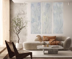 Held by Morning, Original abstract botanical triptych, blue, blue gray
