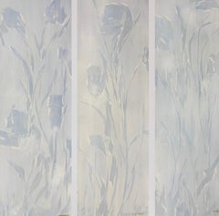 Held by Morning, Original abstract botanical triptych, blue, blue gray