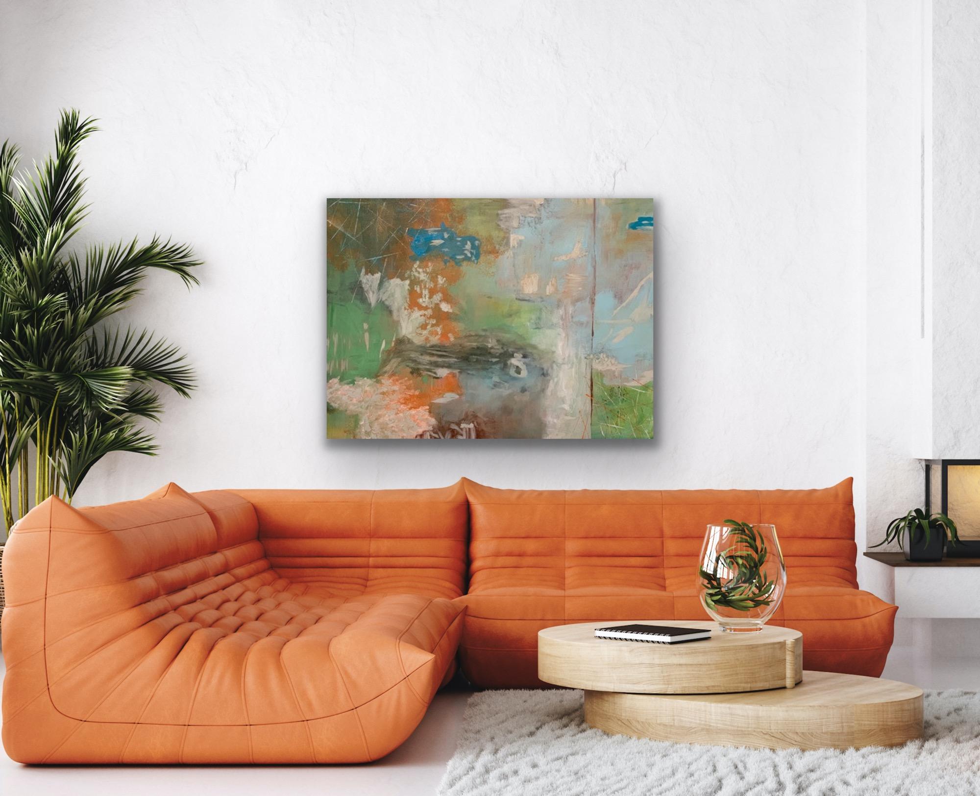 Orange, Blau, Grün, Flussbound, Wasser (Braun), Abstract Painting, von Juanita Bellavance 