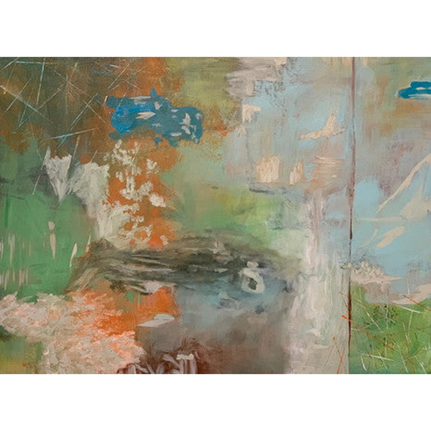 Juanita Bellavance  Abstract Painting - Orange, blue, green, Riverbound, water