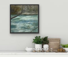 Paesaggio contemporaneo verde acqua, marrone, bianco, paesaggio, 2021, Acrilico su tela