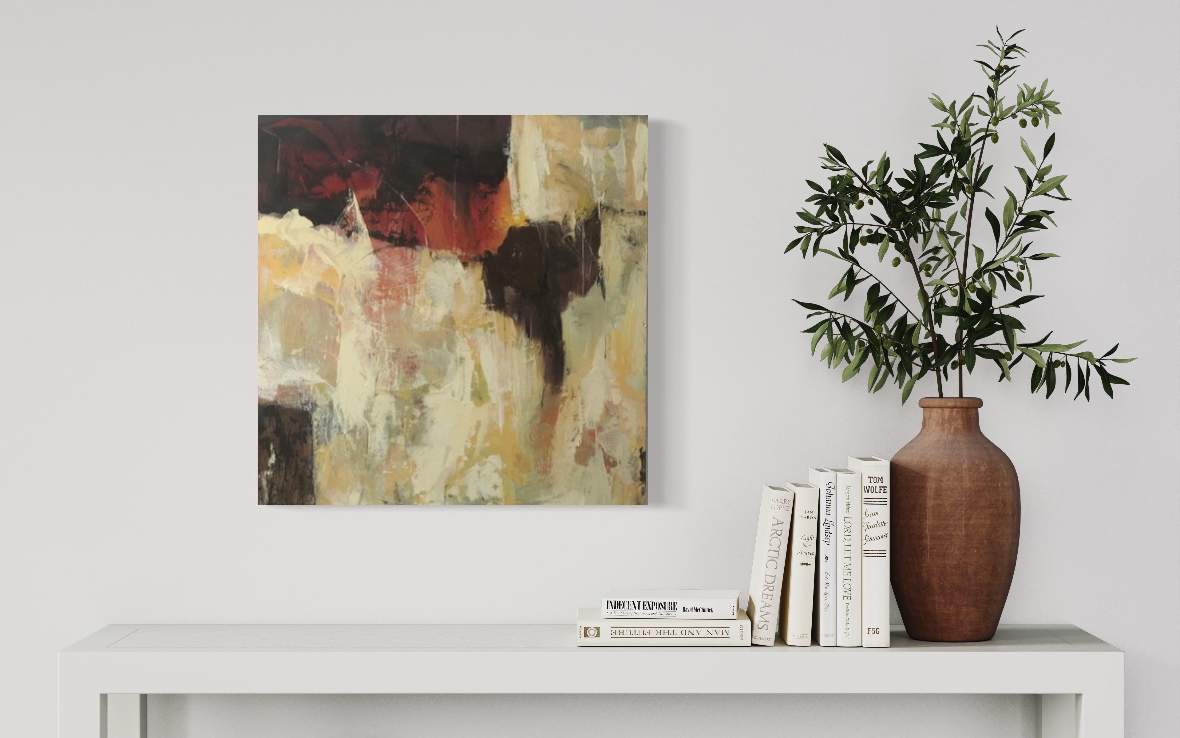 Limitaciones 2, rojo, negro, blanco neutro, terroso, textura - Abstract Painting Marrón de Juanita Bellavance 