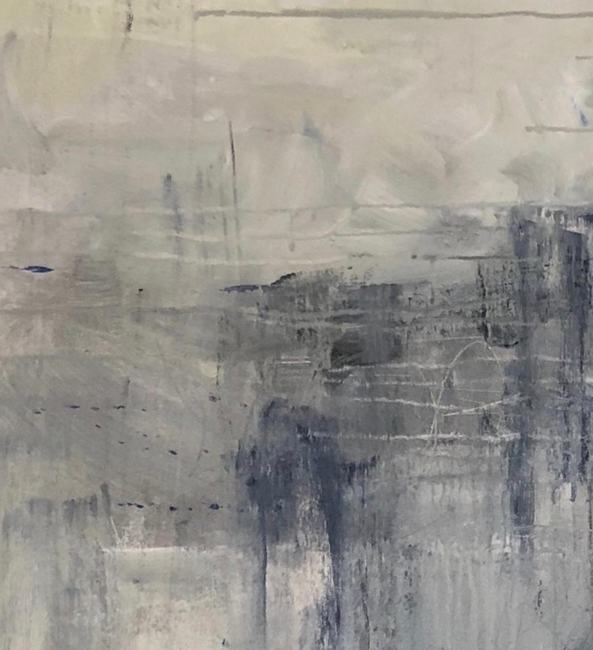 Luminous breakthrough, Abstract expressionism, blue, white, gray, black - Painting by Juanita Bellavance 