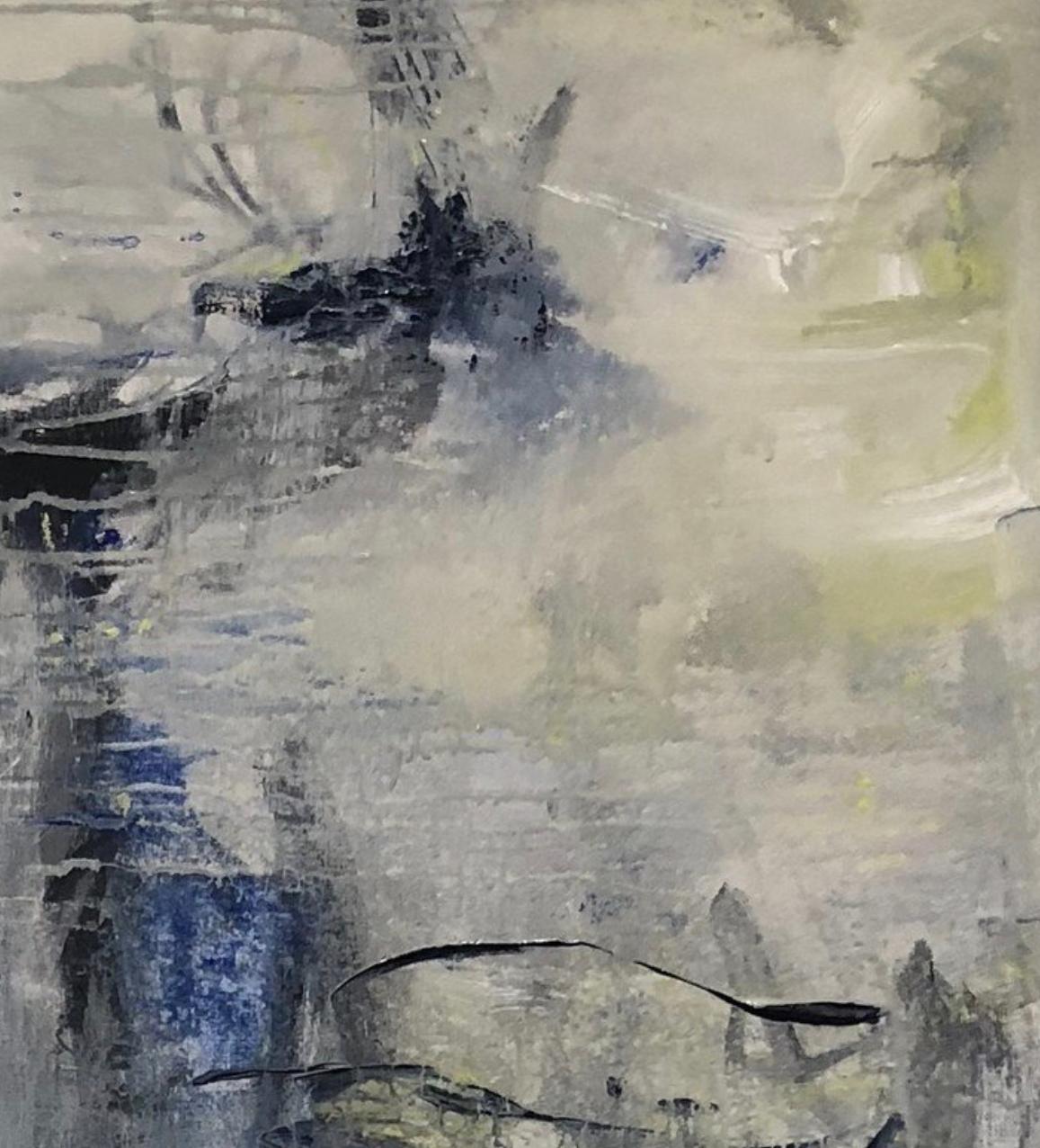 Ruptura luminosa, Expresionismo abstracto, azul, blanco, gris, negro - Abstract Painting Negro de Juanita Bellavance 