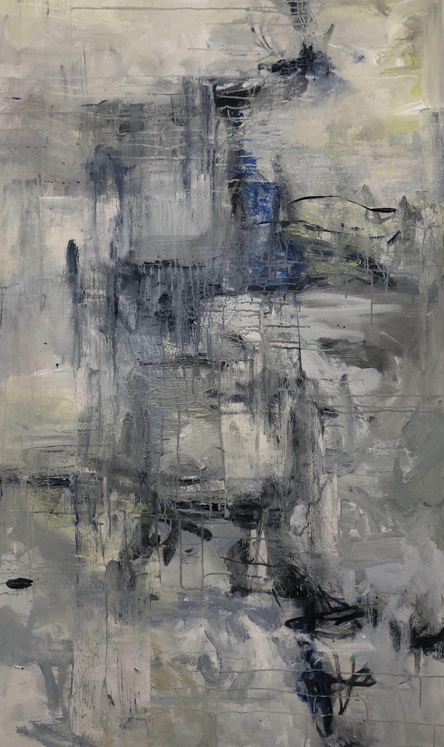 Juanita Bellavance  Abstract Painting - Luminous breakthrough, Abstract expressionism, blue, white, gray, black