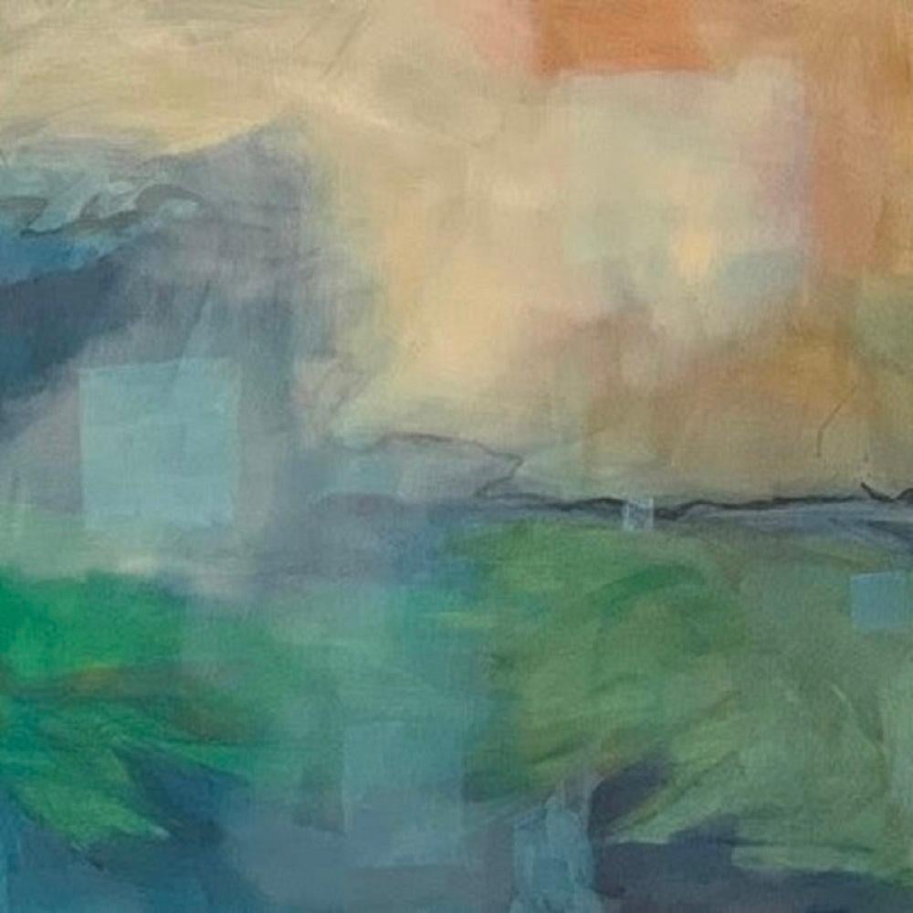 Abstract Painting Juanita Bellavance  - Edge 3 du Maine, eau, bleu, vert, coucher de soleil, orange