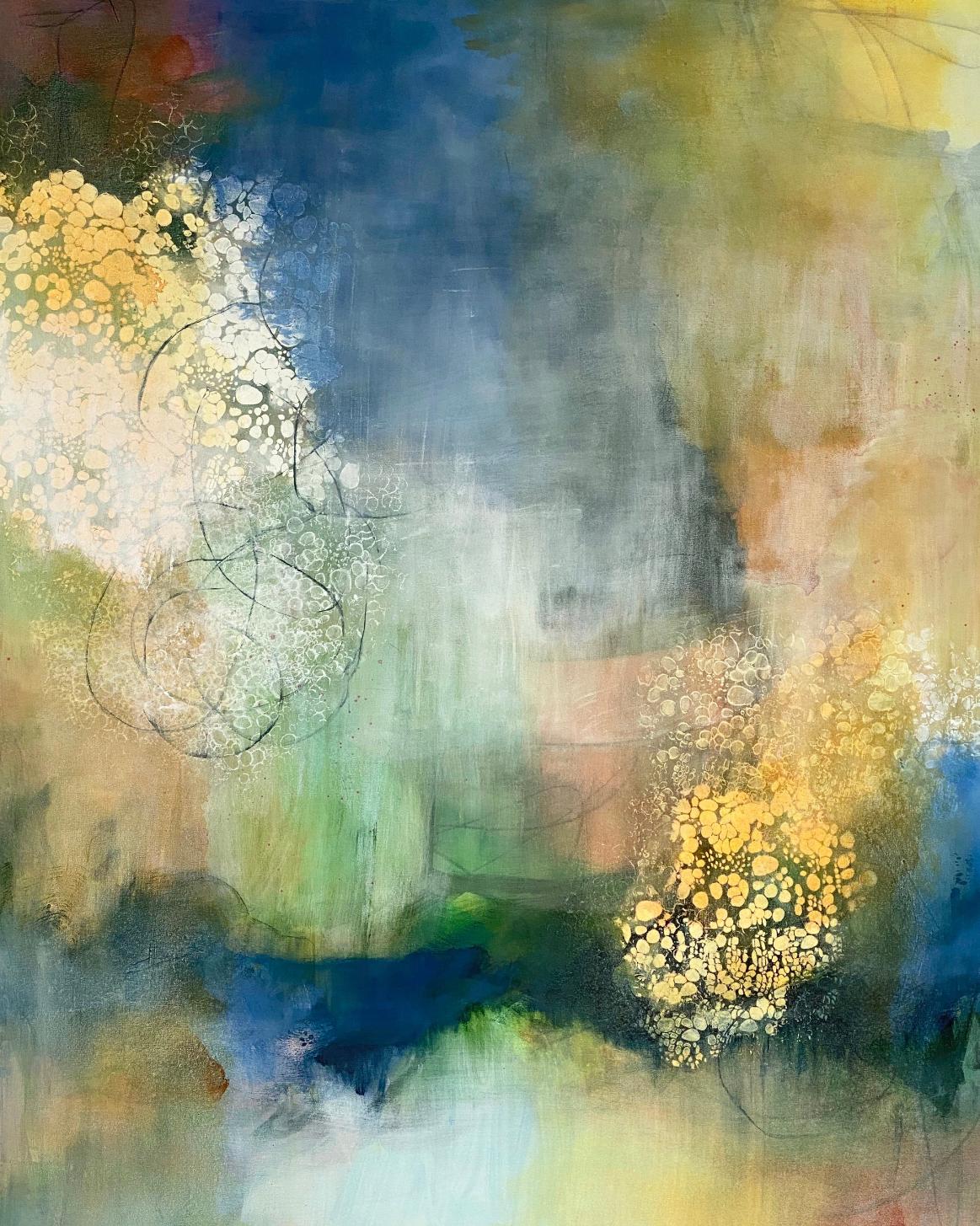 Miles to go 1, zeitgenössische Landschaft, Herbstfarben, gelb, orange, grün, bl (Abstrakter Impressionismus), Painting, von Juanita Bellavance 
