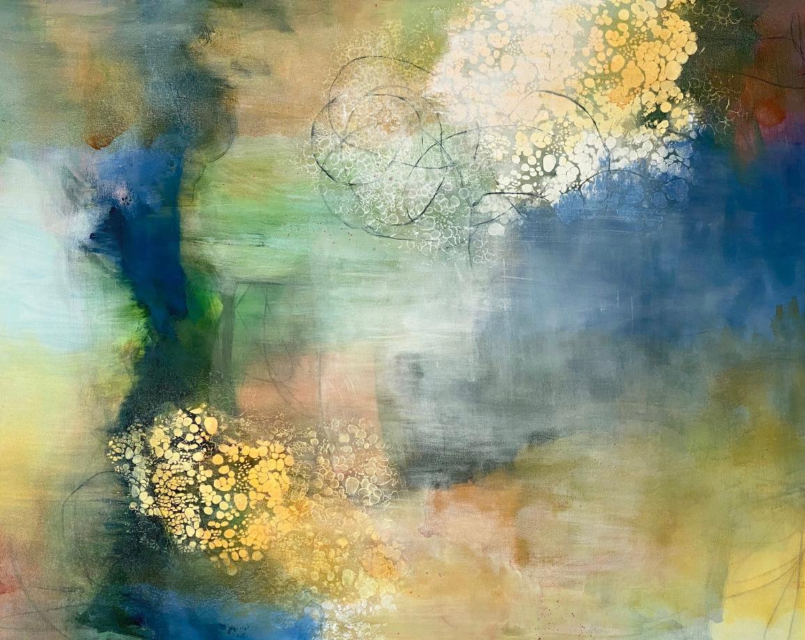 Miles to go 1, paesaggio contemporaneo, colori autunnali, giallo, arancione, verde, blu - Landscape Painting Marrone di Juanita Bellavance 