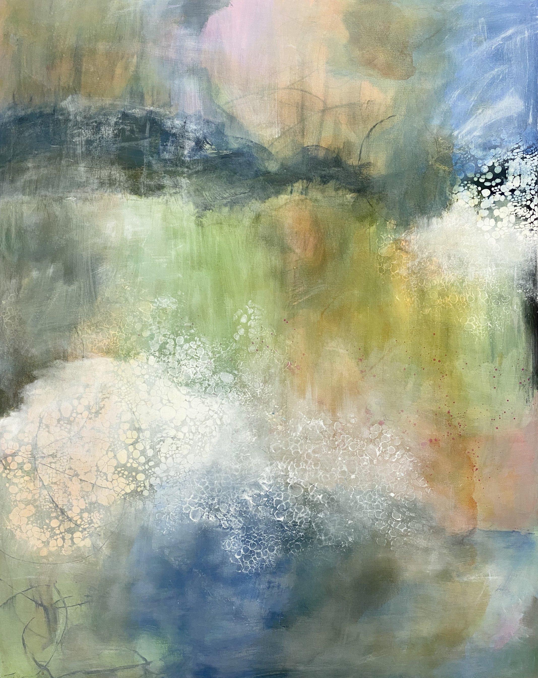Juanita Bellavance  Landscape Painting - Miles to go 2, Contemporary landscape, summer colors, green, blue, pink, white