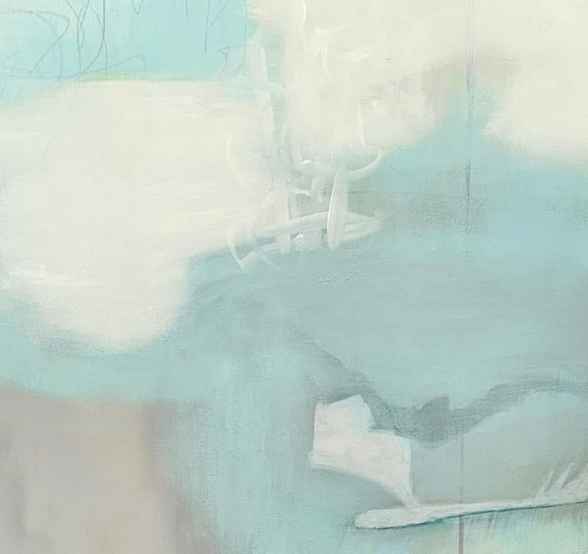 Misty bay 1, paysage abstrait contemporain, bleu, blanc, neutre, aspect asiatique - Painting de Juanita Bellavance 