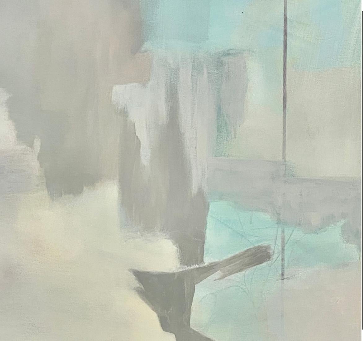 Misty bay 1, paysage abstrait contemporain, bleu, blanc, neutre, aspect asiatique - Impressionnisme abstrait Painting par Juanita Bellavance 