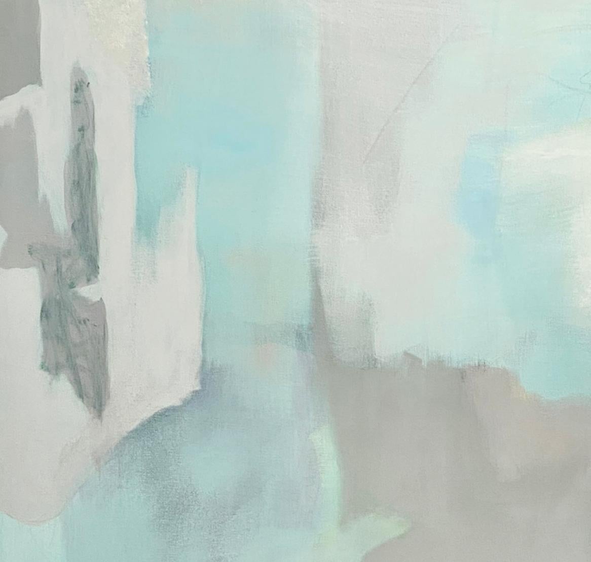 Misty bay 1, paysage abstrait contemporain, bleu, blanc, neutre, aspect asiatique - Gris Landscape Painting par Juanita Bellavance 