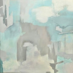 Misty bay 1, contemporary abstract landscape, blue, white, neutral, Asian feel