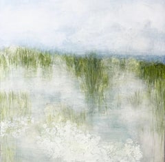 Morning Marsh, Original acrylic abstract painting, green, blue, white