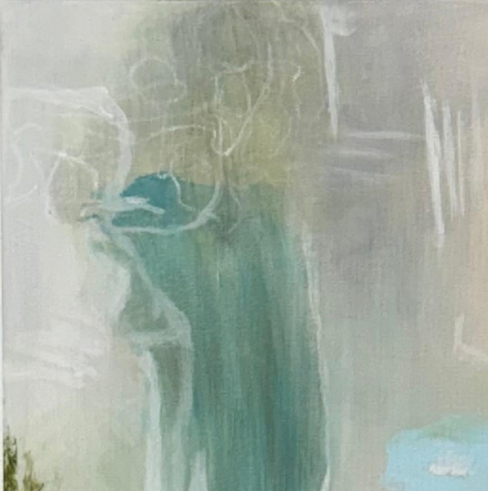 Mystique 7, blue, earthy, green, white, calm, atmospheric - Painting by Juanita Bellavance 