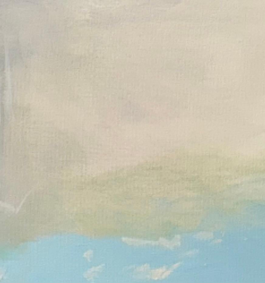 Mystique 7, blue, earthy, green, white, calm, atmospheric - Abstract Impressionist Painting by Juanita Bellavance 