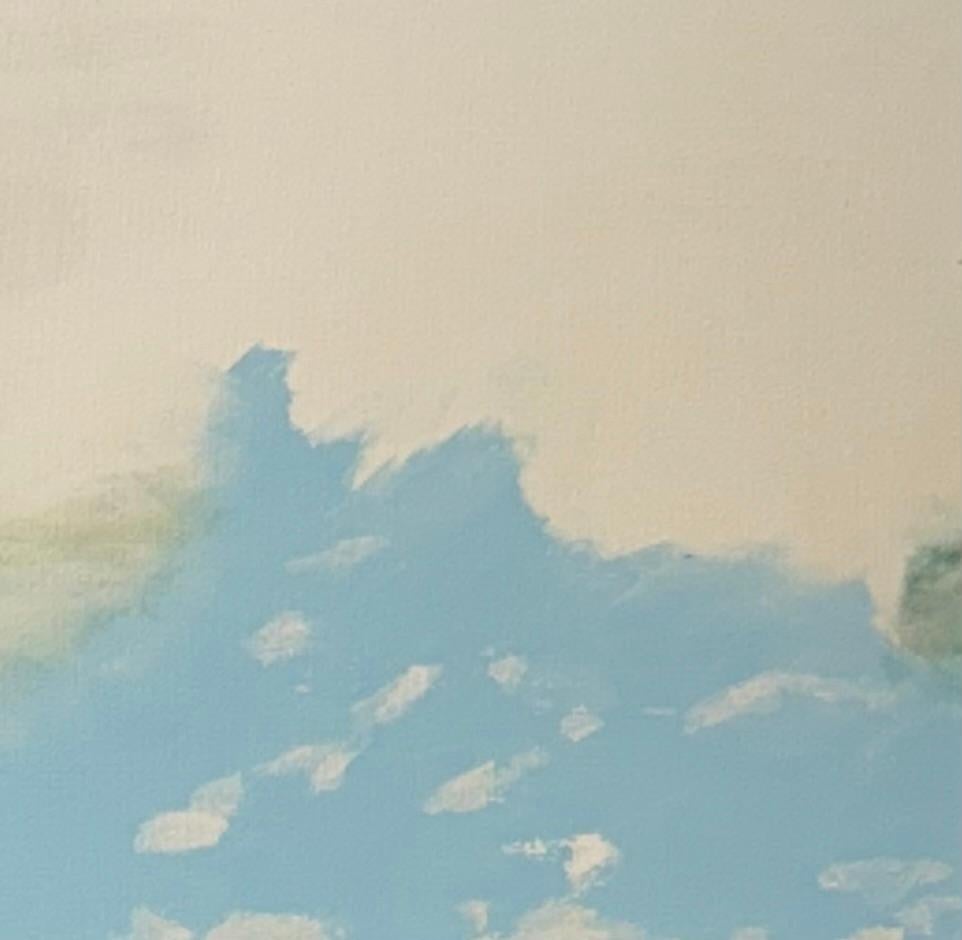 Mystique 7, blue, earthy, green, white, calm, atmospheric - Gray Abstract Painting by Juanita Bellavance 