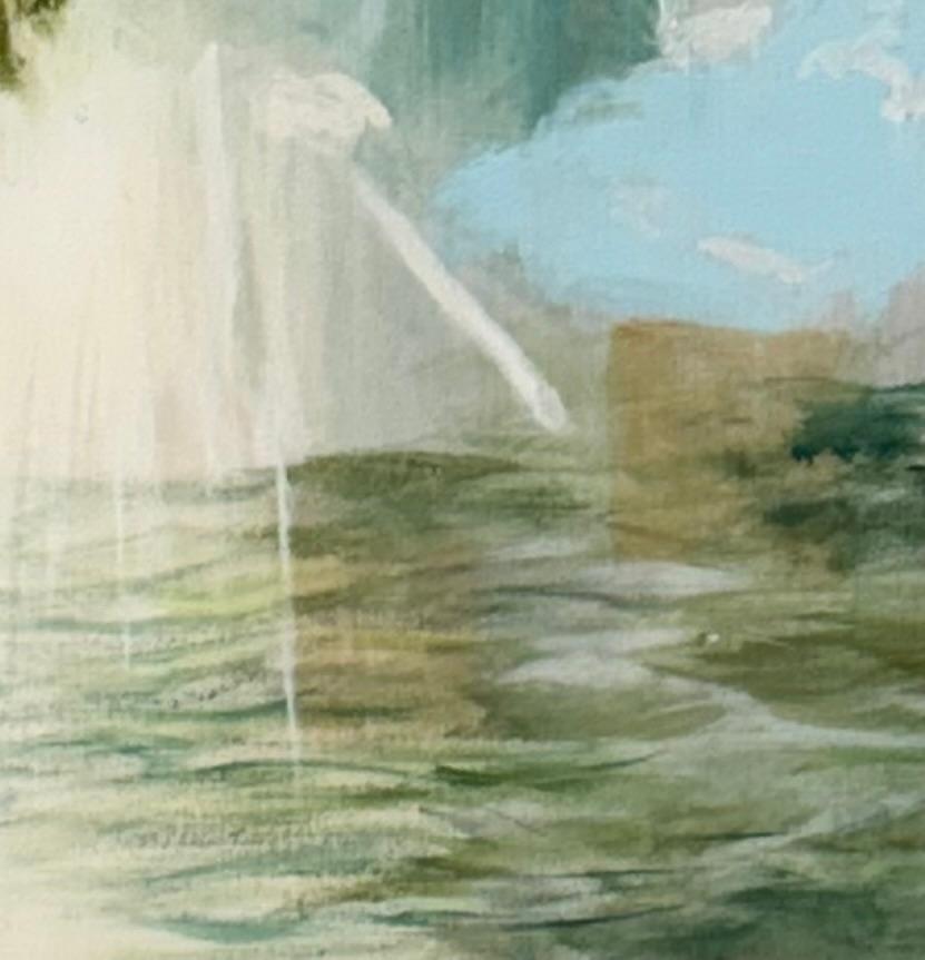 This abstract landscape radiates a sense of calm and renewal through its layered, atmospheric composition. 

A soft wash of aqua blue drifts across the canvas, suggesting open sky or reflective water, while subtle veils of cream, beige, and misty