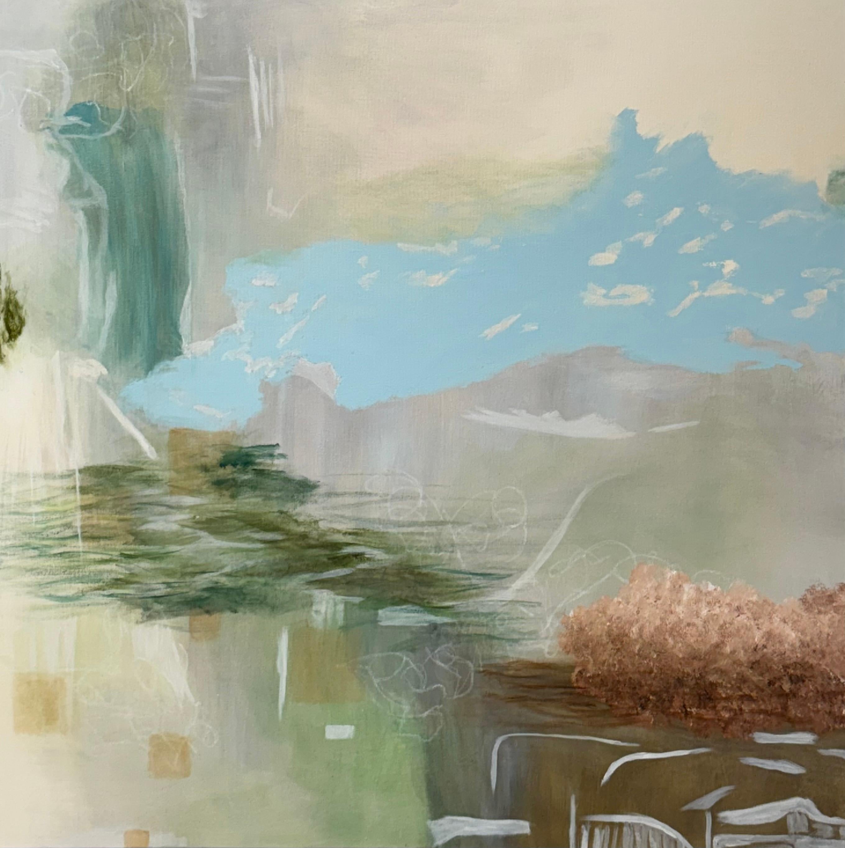 Juanita Bellavance  Abstract Painting - Mystique 7, blue, earthy, green, white, calm, atmospheric